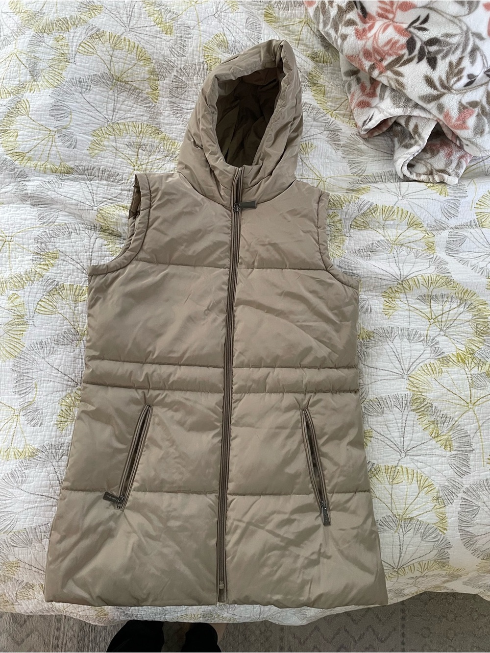 Calvin Klein Hooded Sleeveless Puffer Vest in Taupe